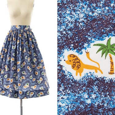 Vintage 1950s Skirt | 50s Novelty Print Cotton Lion Leo Palm Trees Printed Blue High Waisted Full Swing Skirt (small) 