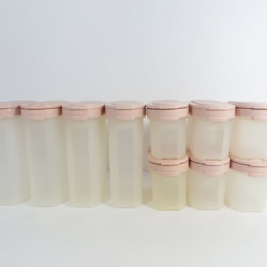 Vintage Set of Tupperware Modular Mates Spice Canisters - 10 Tupperware Soft Pink Spice Canisters 