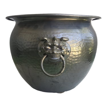 Vintage Metal Foo Dog Planter | Large Double Guardian Lion Knocker Handles | Chinoiserie Home Decor 