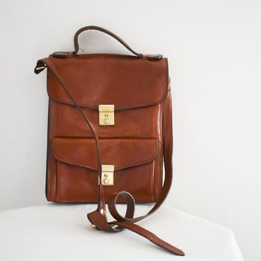 1970s Italian Brown Leather Satchel Style Shoulder Bag 
