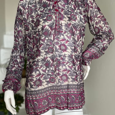 1970s Indian Cotton Floral Purple White and Fuschia Block Printed Long Sleeved Blouse Medium Vintage Pinot Noir 