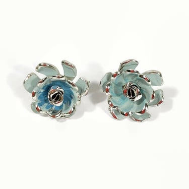 VINTAGE 50s Aqua Blue and Silver 3D Rose Clip On Screw Back Earrings | 1950s Retro MCM Jewelry | VFG 