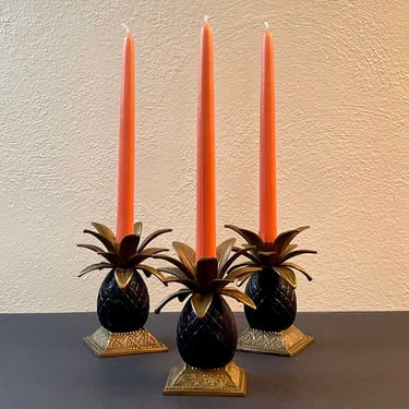 Vintage 1970s Hollywood Regency Brass Trio of Pineapple Candlestick Holders 