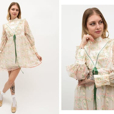 Vintage 1970s 70s Pastel Flocked Floral Mini Dress w/ High Neckline, Satin Bows, Bishops Sleeves // Gilded Age Regency Era 