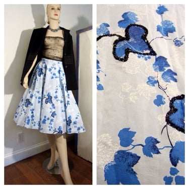 50s mcm blue floral print circle skirt glitter accents, vintage fit and flare 