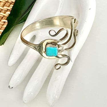 Artsy Vintage Cuff Bracelet, Turquoise, Silver Plate, OOAK Restyled Flatware Jewelry, Artisan Made, Boho, Hippie 