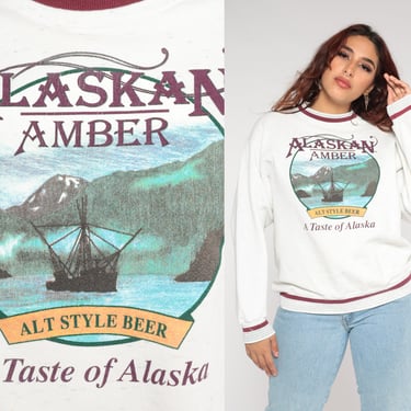 Alaskan Amber Sweatshirt 90s Alaska Beer Shirt Retro Alcohol Ship Brewing Co Graphic Sweatshirt Tourist White Ringer Vintage 1990s Large L 