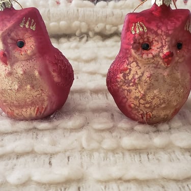 70s Vintage Red Glass Owls Christmas Ornaments/ Lot of 2 