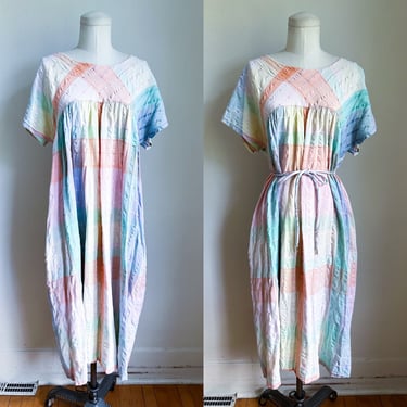 Vintage 1980s Pastel Madras Plaid Tent Dress / XL-2XL 