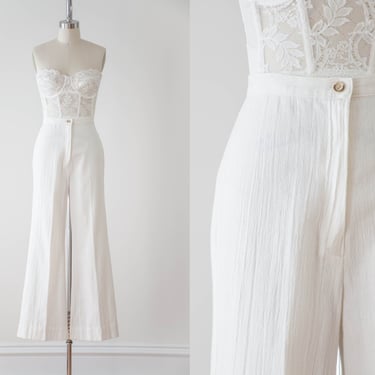 high waisted pants | 60s 70s vintage white boho hippie style wide leg bell bottom flare trousers 