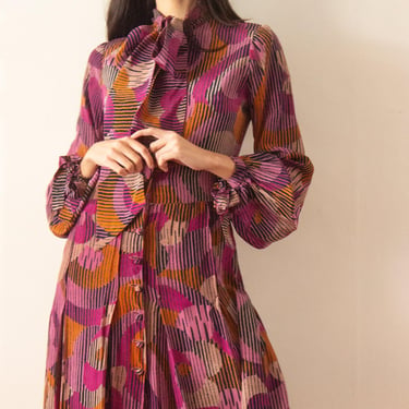 1970s Silk Pleated Bishop Sleeve Dress 