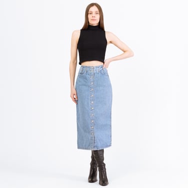 Vintage 90s Denim High Waisted Midi Skirt - Small, 25