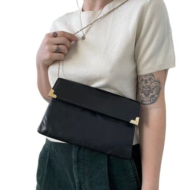 Vintage 1960s Womens Black Leather Clutch Shoulder Bag MidMod Evening Purse 