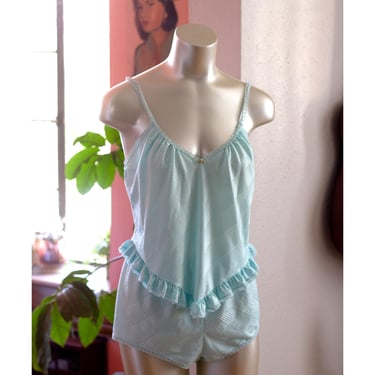 Vintage Pajama Lingerie Set - 1980s - Light Blue - Silky - Coquette, Flirty - Vintage Lingerie - Camisole, Tank Top, Shorts 