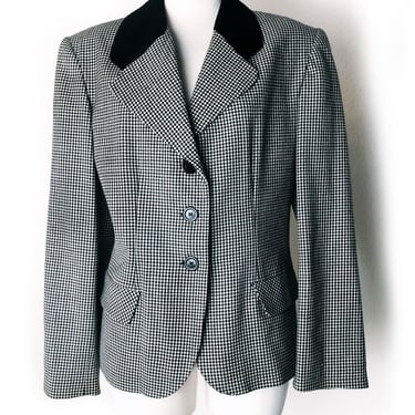 Vintage Hounds Tooth RIDING JACKET Black & White Velvet Collar, Size Medium,  1980's, 1970's Classic Wool Fitted Jacket Coat, Womens 