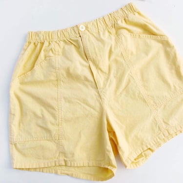 Vintage 90s Butter Yellow Cotton Casual Shorts M L - 1990s Light Pastel Yellow Lounge Shorts Elastic Waist 