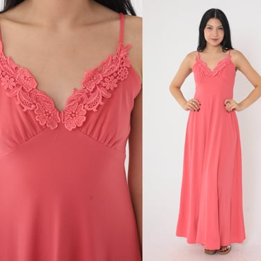 70s Pink Grecian Dress 1970s Floral Lace Trim Disco Maxi Party Long Empire Waist Coral Prom Spaghetti Strap Dress Vintage Extra Small xs 