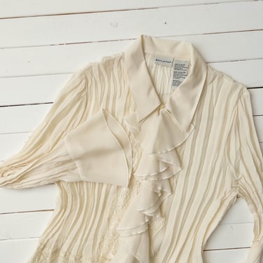 cream ruffled blouse | 90s vintage sheer ivory white lace cottagecore academia style long sleeve blouse 
