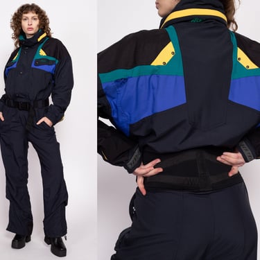 80s 90s Nordica Color Block Ski Suit - Men's Medium | Vintage Black Winter Outerwear Jumpsuit One Piece Snow Gear 