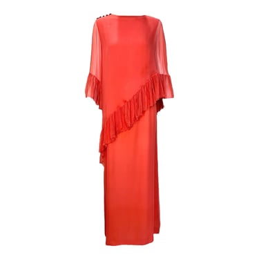 Balmain 1970's Coral Chiffon Pleated Ruffled Overlay Column Gown