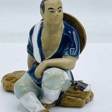 RESERVED   Vintage Wanjiang Signed Figurine Mud Man Sitting China- 4
