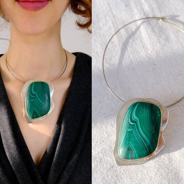Vintage 80s Joyce Quintana Signed Sterling Silver & Malachite Choker Necklace | Sterling Silver, Natural Stone | 1980s Avant Garde Jewelry 