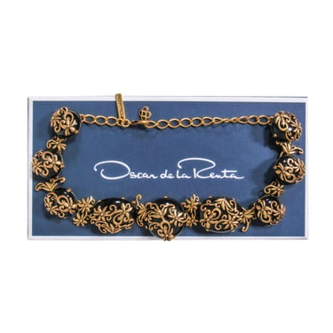 Oscar de la Renta - Gold & Black Stone Necklace w/ Flowers