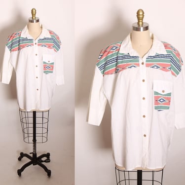 1980s White, Pink and Teal Southwestern Print Half Sleeve Button Up Western Cowgirl Shirt Blouse by Act III Plus -2XL 