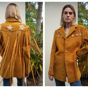Fringe Suede Jacket / Vintage 1970's Leather Jacket with Star Details / Pocketed Unisex Haute Hippie Outerwear /Seventies Coat 