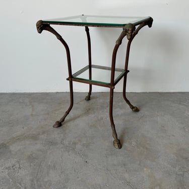 Vintage Italian Maison Jansen Style Bronze and Steel Side Table with Rams Heads 