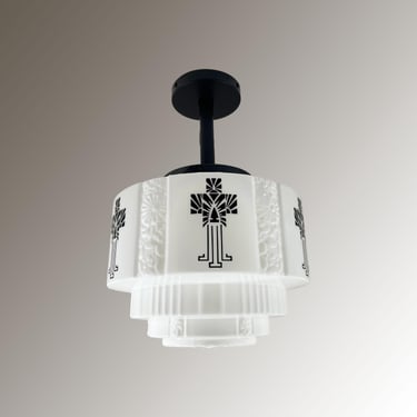 Art Deco Christian Church Ceiling Light - Semi Flush Mount with Black Fixture - Christian Cross Motif - 1930's - 18