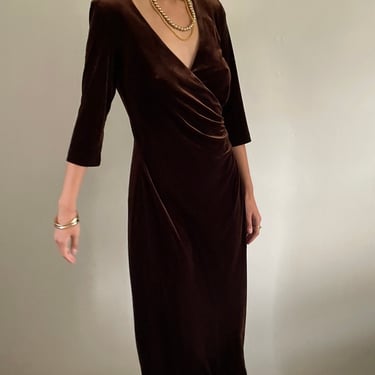 90s stretch velvet maxi dress / vintage espresso brown stretch velvet surplice plunge faux wrap long sleeve pullover capsule maxi dress | M 