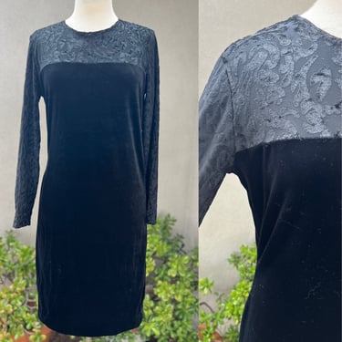Vintage little black dress sheath velvet with sheer top Sz M by Diane Von Furstenberg The Color Authority label 