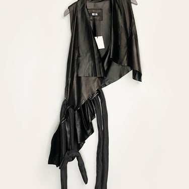 Asymmetric Bold Puffer Tie Details Leather Vest