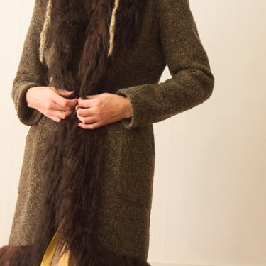 1990s Oliver by Valentino Wool Tweed Mongolian Lamb Fur-Trimmed Coat 