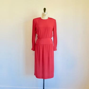 Vintage 1980's Red Rayon Long Sleeve Dress Back Buttons Formal Cocktail Party Albert Nipon 80's Fashion 29" Waist Small Medium 