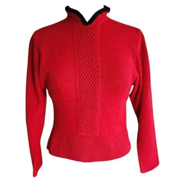 Vintage 50s Cherry Red Sweater Black Trim / M 