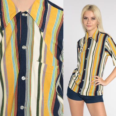 Multicolor Striped Shirt 70s Button Up Pointed Collar Top Retro Preppy Disco Shirt Short Sleeve Blue Yellow Vintage 1970s Arrow Medium 