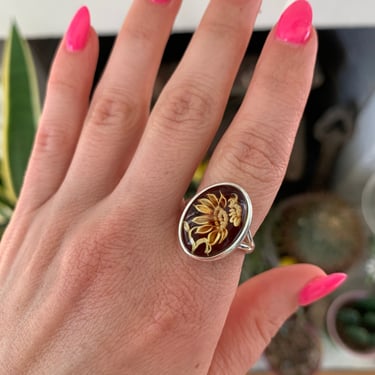 Double Sunflower Amber Ring Sterling