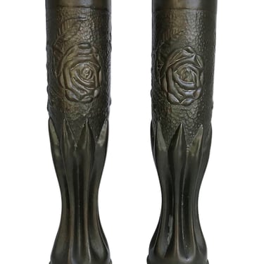 World War I Trench Art Artillery Shell Casing Vases with Embosed Floral Theme Early 20th. Century