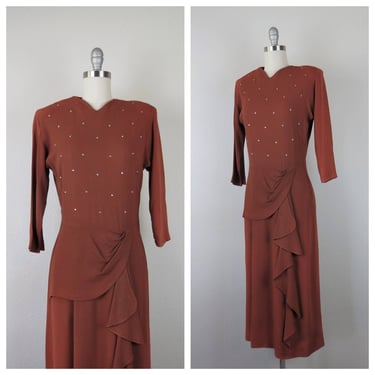 Vintage 1940s rust rayon crepe dress, studded, rhinestones, evening, cocktail 