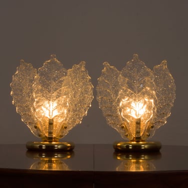 Pair of Italian brass and Murano glass leaf shaped table lamps attr. to Novaresi 