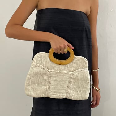 vintage wooden top handle nubby woven cream ivory purse handbag clutch