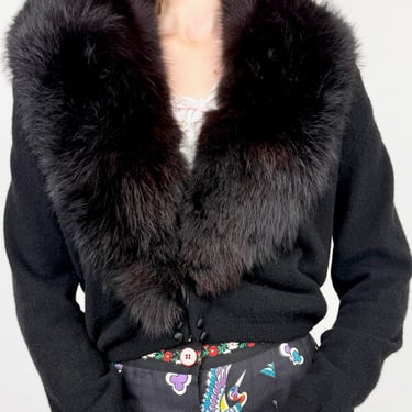 50s Midnight Fox Trim Cashmere Cardigan