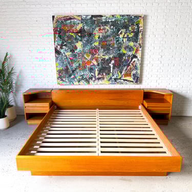 Mid-Century King Size Teak Platform Bed with Hidden Storage Headboard, Nightstands, and Underbed Drawers