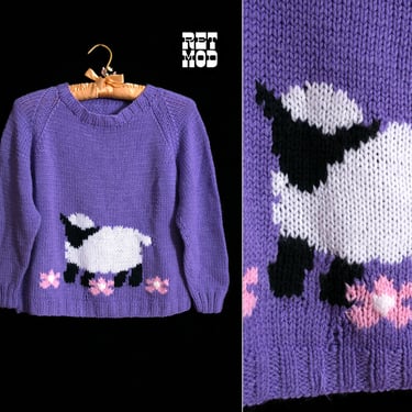 Fun Vintage 80s Purple Pullover Chunky Sweater with Cute Lamb & Flowers 