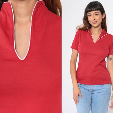 Vintage Red T-Shirt 80s V Neck T Shirt Short Sleeve Top White Piping Retro Plain TShirt Solid Tee Single Stitch 1980s Medium 