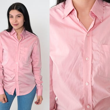 70s Pink Shirt Men's Dagger Collar Shirt Button Up Shirt Long Sleeve Top Disco Shirt Retro Collared Plain Oxford Vintage 1970s Small S 