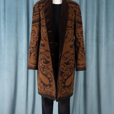 Vintage 90s ETRO Golden Brown Paisley Chesterfield-Style Wool Mohair Overcoat with Rich Brown Velvet Collar 