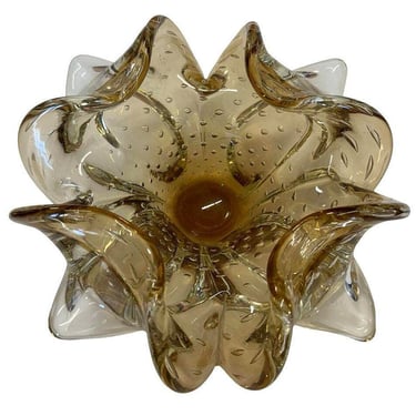 Mid-century Bullicante Amber Gold-Tone Ruffle Murano Art Glass Ashtray 